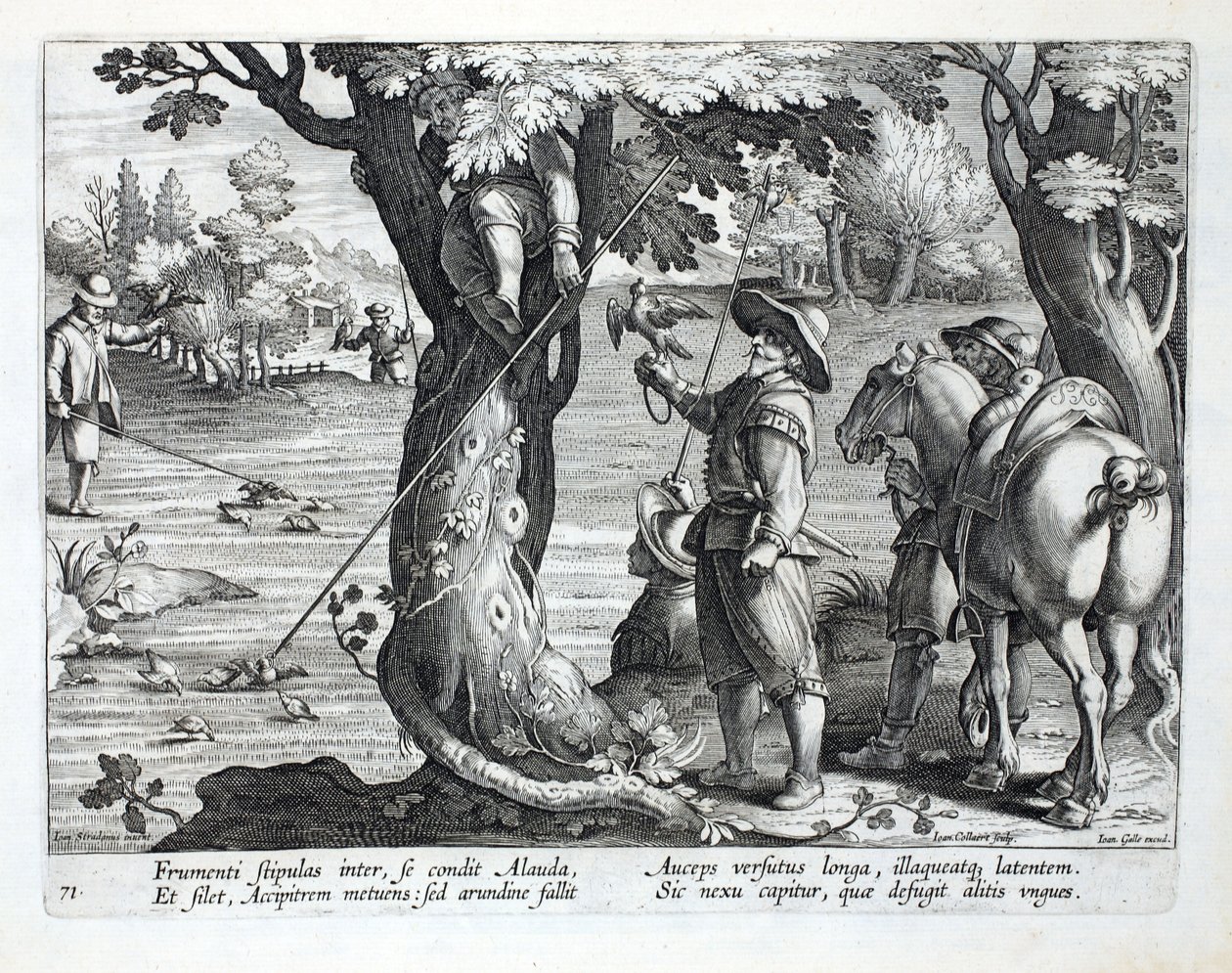 Jan Collaert（1566-1628）によって刻まれた &39;Venationes、Ferarum、Avium、Piscium&39;（Of Hunting：Wild Beasts、Birds、Fish）のイラストを描いた、鳥を捕まえるためにリングが付いたロッドを使った鳥キャッチャー。フィル 作： ヤン・ファン・デル・ストレイト