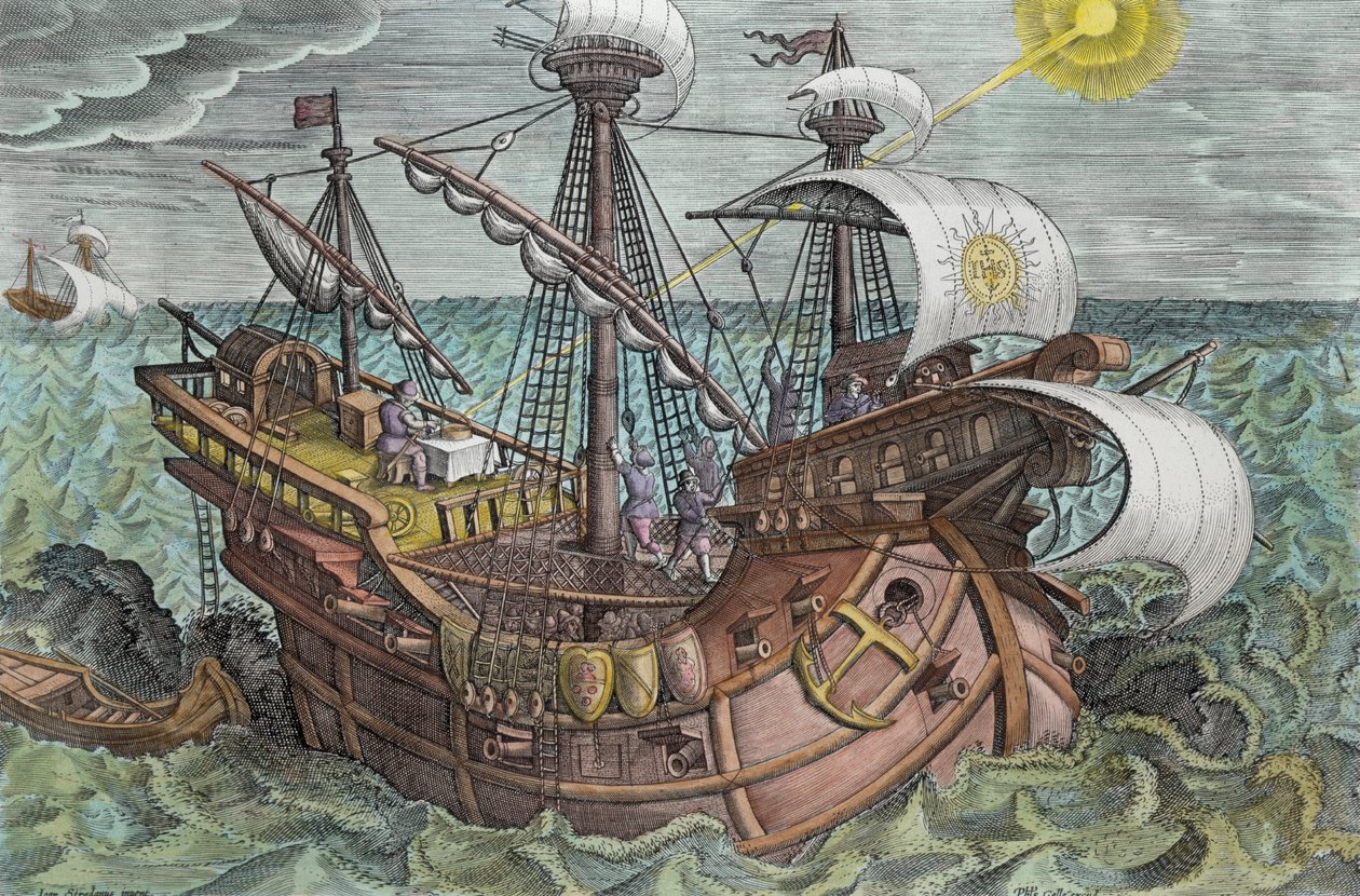太陽の赤緯を使用して経度を計算する、フィリップゴール（1537-1612）c.1600（後の色付け）によって彫刻された「ノバレペルタ」（新発見）のプレート17 作： ヤン・ファン・デル・ストレイト