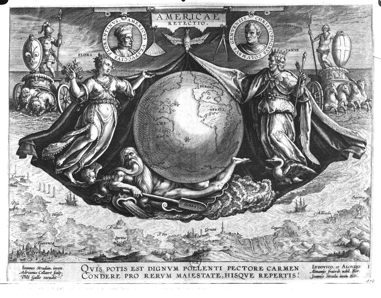 アメリゴヴェスプッチ（1454-1512）とクリストファーコロンブス（1451-1506）の肖像画を含むアメリカの発見（ジャンコラート（1566-1628）によって彫刻）フィリップゴール（1537-1612）c.1600（b 作： ヤン・ファン・デル・ストレイト