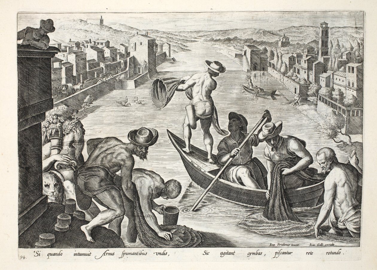 Jan Collaert（1566-1628）によって彫刻された、ボートとネットを使用したアルノでの釣り、「ヴェネツィア、フェララム、アビウム、ピシウム」（狩猟：野生の獣、鳥、魚）のイラスト、パブ。フィリップス・ガレ 作： ヤン・ファン・デル・ストレイト