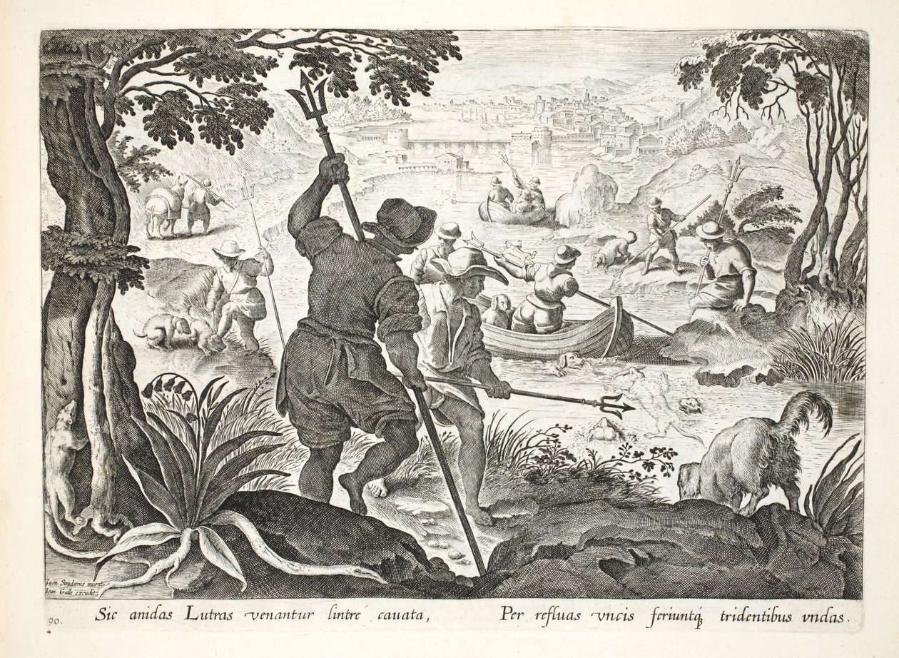 Jan Collaert（1566-1628）によって刻まれた「Ventationes、Ferarum、Avium、Piscium」（狩猟：野生の獣、鳥、魚）のイラスト、トライデントとの釣り、プレート90、イラスト、パブ。フィリップス・ガレウス、アムステ 作： ヤン・ファン・デル・ストレイト