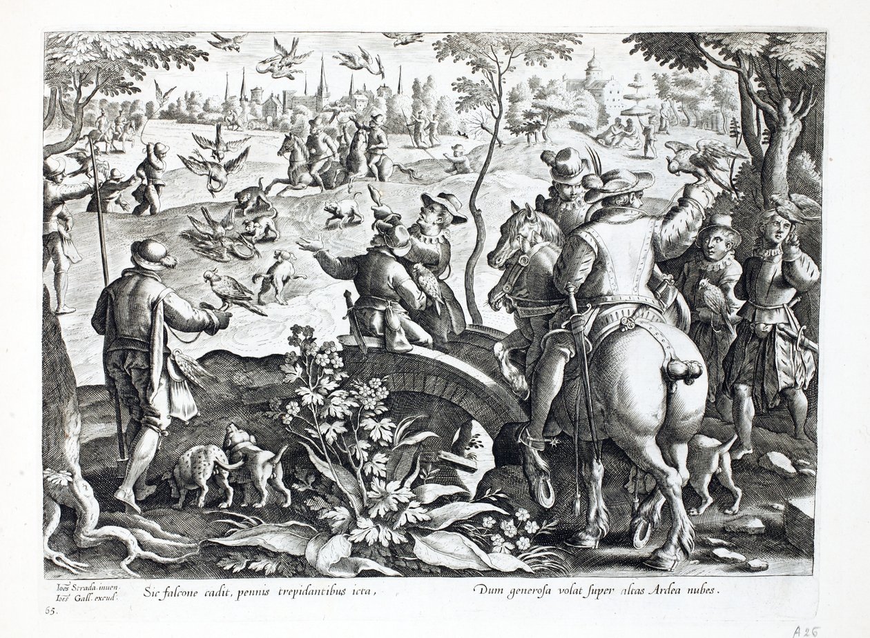 Jan Collaert（1566-1628）によって刻まれた &39;Venationes、Ferarum、Avium、Piscium&39;（Of Hunting：Wild Beasts、Birds、Fish）からのイラスト、ハヤブサとの狩猟、パブ。 Phillipus Gallaeus、アムステルダム（engra 作： ヤン・ファン・デル・ストレイト