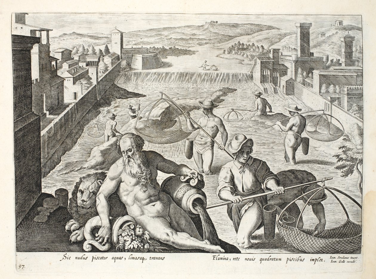 Jan Collaert（1566-1628）によって彫刻された、正方形の網を使用して浅瀬で魚を捕獲する方法、「ベネーション、フェララム、アビウム、ピシウム」（狩猟：野生の獣、鳥、魚）のイラスト 作： ヤン・ファン・デル・ストレイト