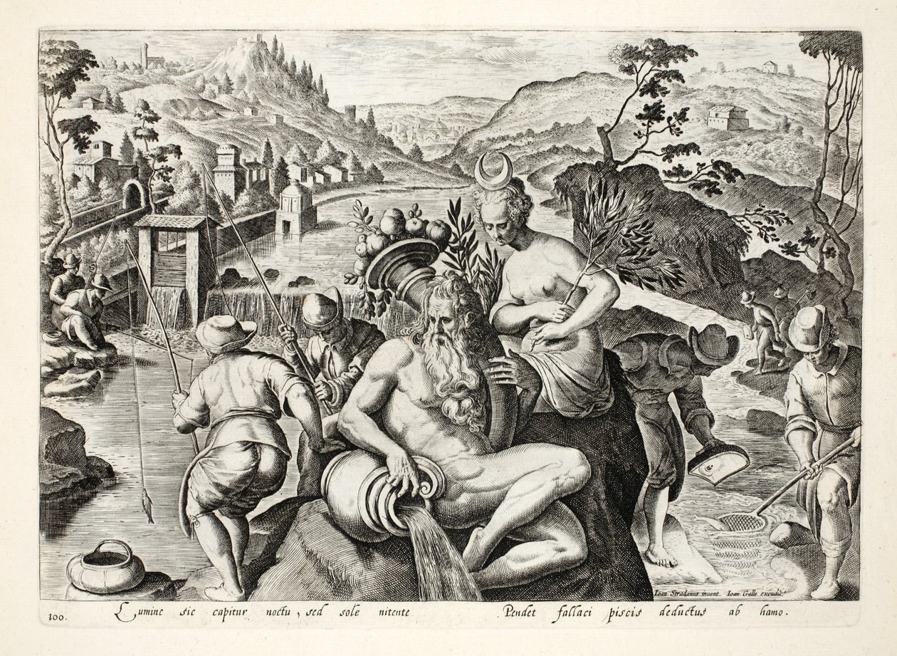 Jan Collaert（1566-1628）によって刻まれた &39;Venationes、Ferarum、Avium、Piscium&39;（Of Hunting：Wild Beasts、Birds、Fish）からのイラスト、釣り竿を使用した魚の捕獲方法フィリップス・ギャル 作： ヤン・ファン・デル・ストレイト