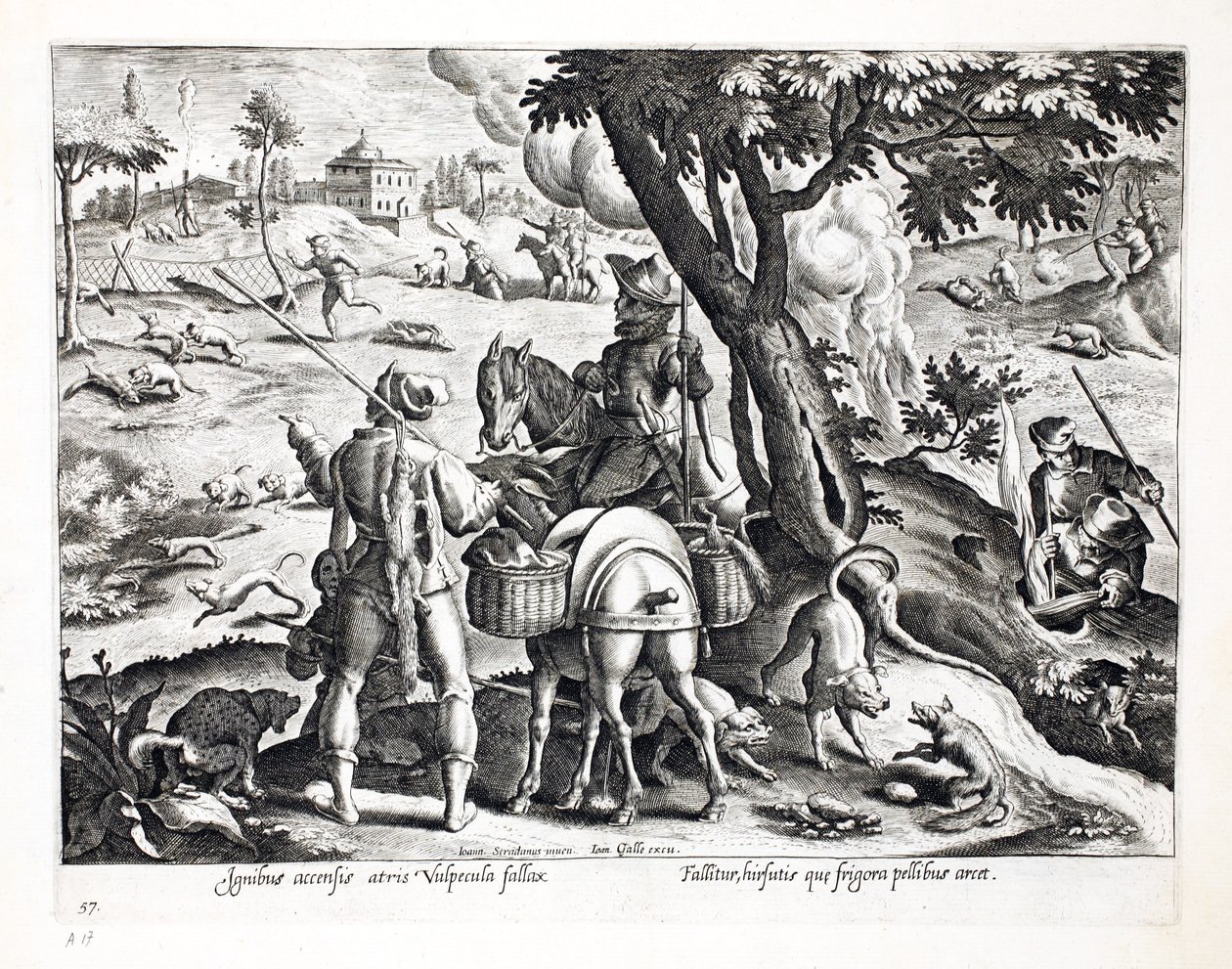 Jan Collaert（1566-1628）によって刻まれた &39;Venationes、Ferarum、Avium、Piscium&39;（Of Hunting：Wild Beasts、Birds、Fish）のイラストからの、野外での黒狐の喫煙、パブ。 Phillipus Gallaeus、 作： ヤン・ファン・デル・ストレイト
