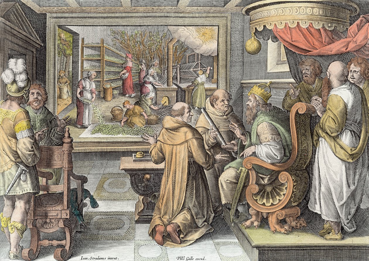 ヨーロッパの絹産業の始まり、フィリップゴール（1537-1612）c.1600（後の着色）によって彫刻された「ノヴァレペルタ」（新発見）のプレート9 作： ヤン・ファン・デル・ストレイト
