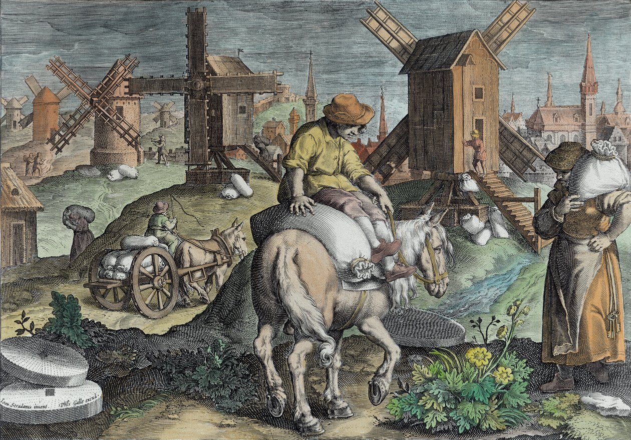 風車、「ノバレペルタ」のプレート12（新発見）、フィリップゴール（1537-1612）c.1600（後の色付け）によって彫刻 作： ヤン・ファン・デル・ストレイト