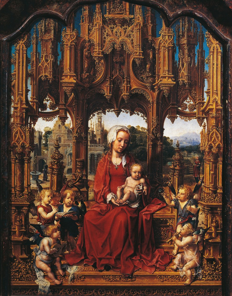 Madonna lapsen ja enkelimuusikoiden kanssa, Malvern Triptychin keskuspaneeli 作： ヤン（c.1472-c.1533）ゴサート