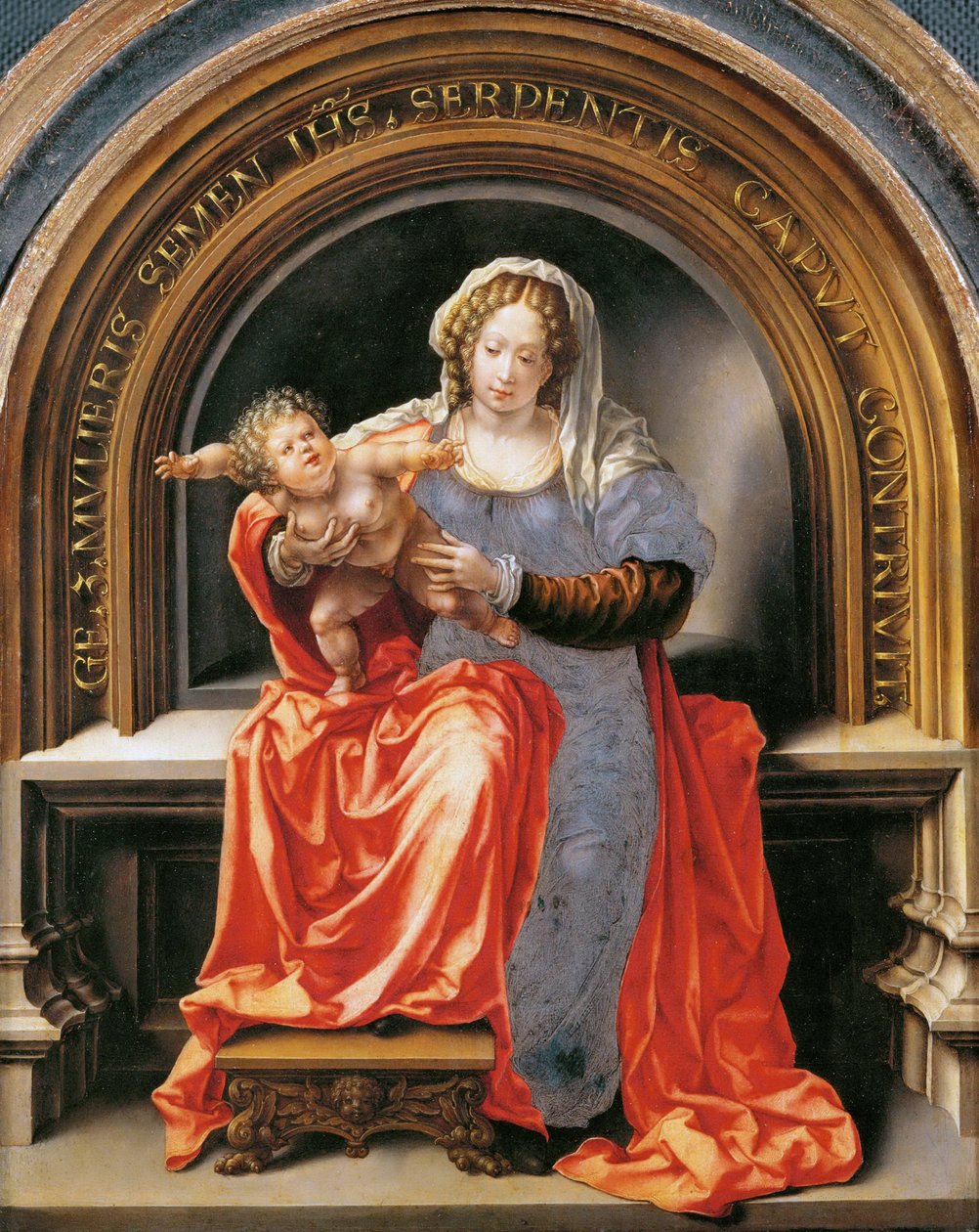 聖母子 - ヤン・ゴッセール（Gossart, dit Mabuse）（1478年頃～1532年頃）。木に油彩、1526-1527年頃寸法：30,6x24,5cm。美術史博物館、ヴィエンヌ 作： ヤン（c.1472-c.1533）ゴサート