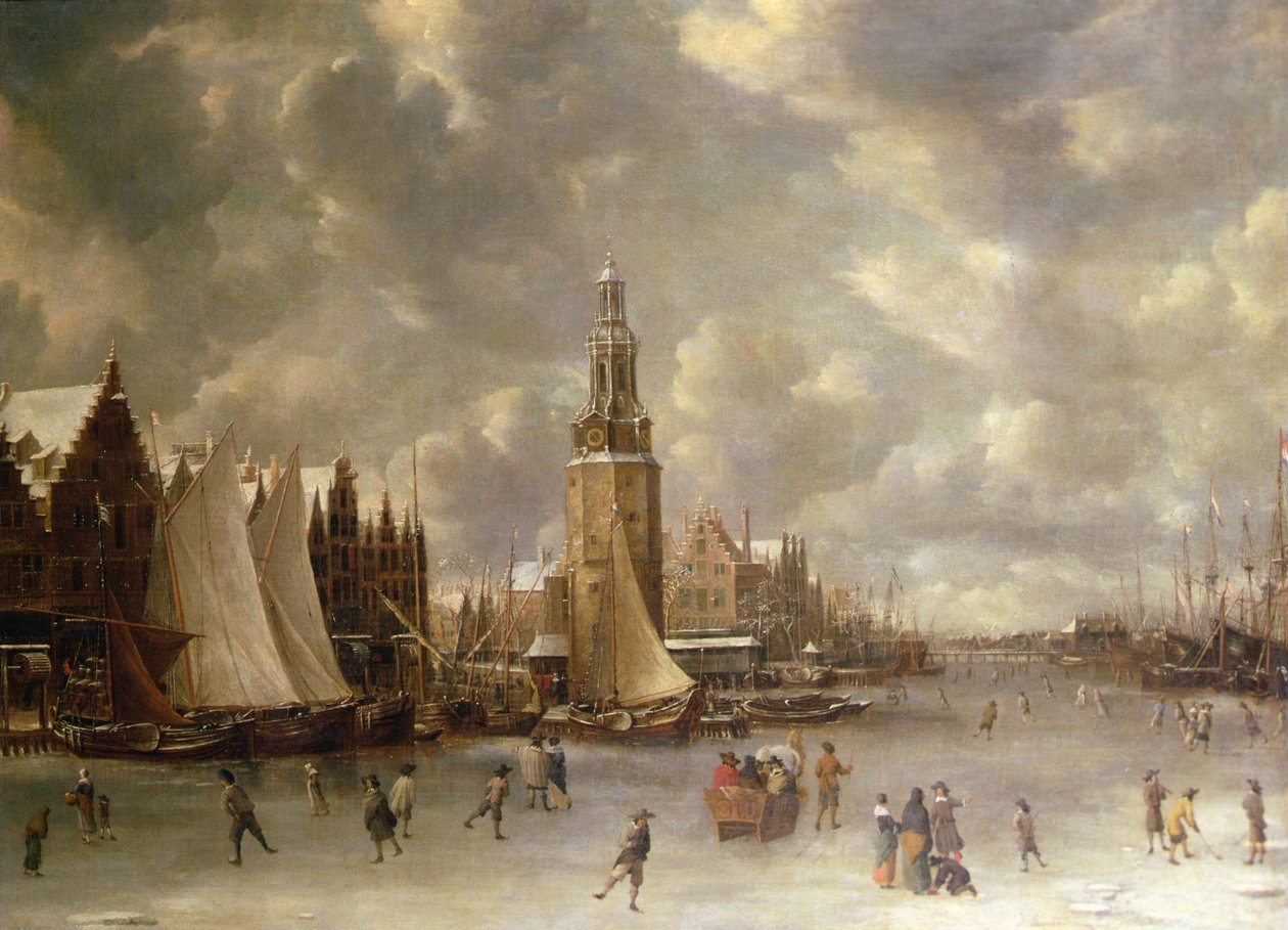 アムステルダムのMontelbaanstorenのある冬の風景（キャンバスに油彩） 作： Jan Abrahamsz Beerstraat