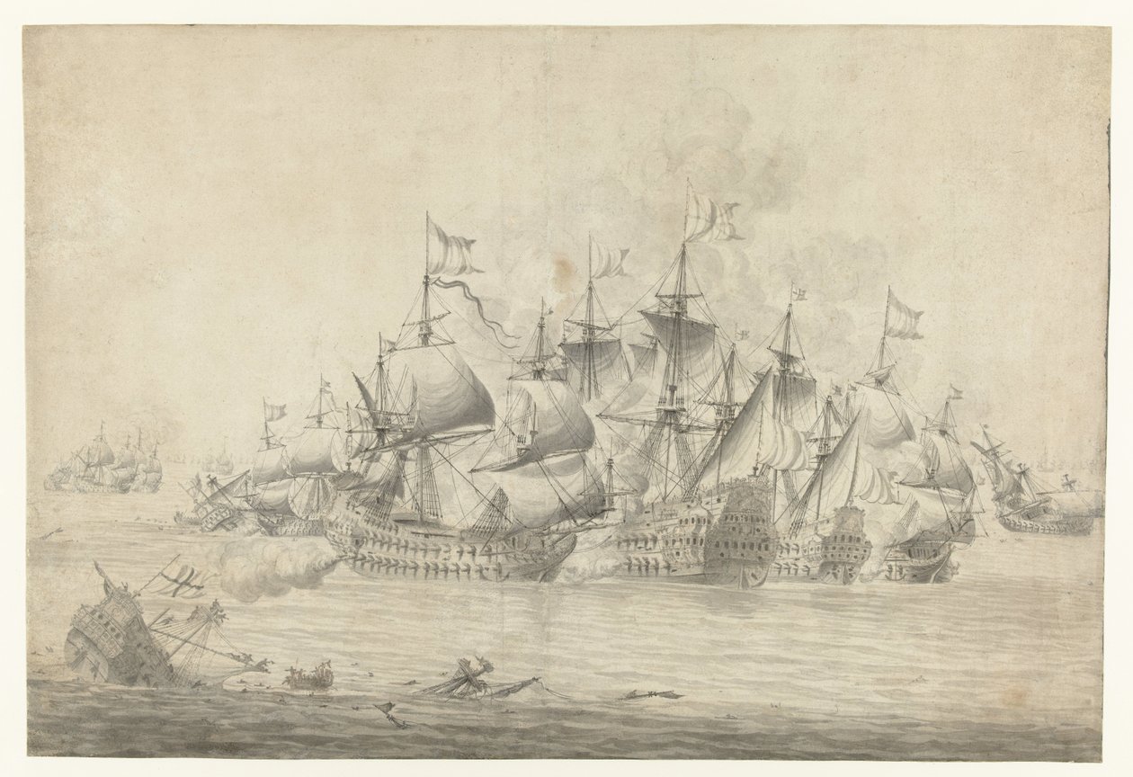 1665 年 6 月 13 日のローストフトでの海戦 (右のシート) 作： Jan Abrahamsz Beerstraten（おそらく）
