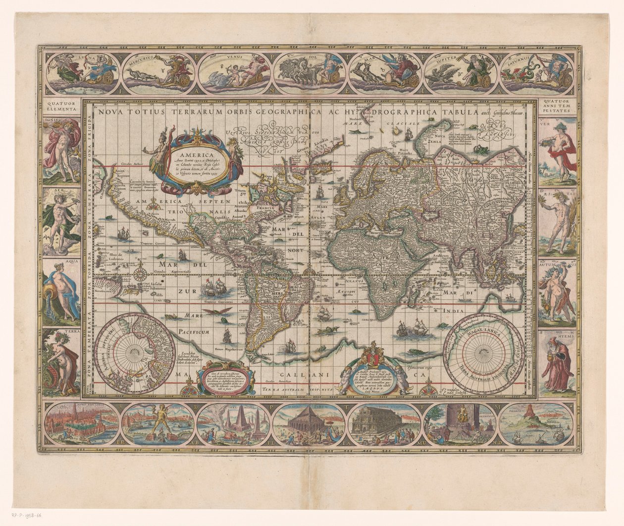 Wereldkaart は装飾的にランデンに会いました 全世界の新しい地理的および水路地図 作： Jan Aertse van den Ende