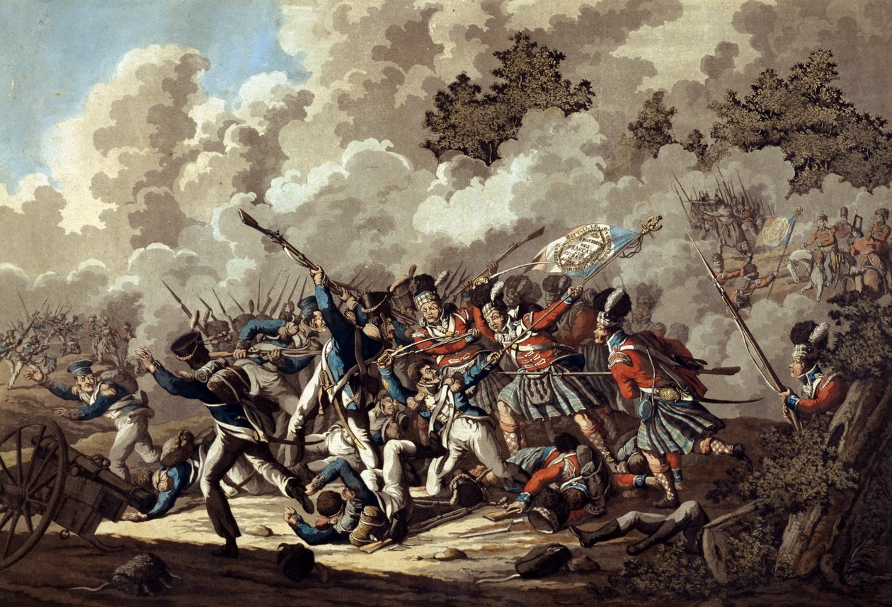 1815年のウォータールーの戦いにおけるハイランダーのラヘイサントによるフレンチガードの敗北（色付きのアクアチント） 作： ヤン・アントニー・ランゲンダイク