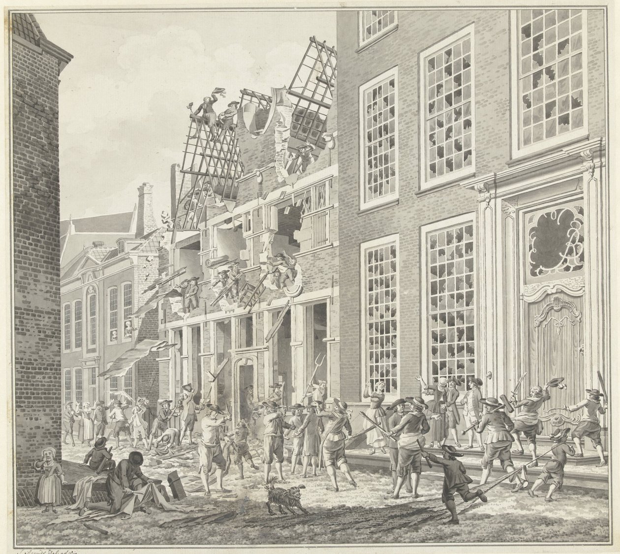 ルーカス・ヴァン・スティーニンクの家の略奪、1787年 作： Jan Arends（アーティストによる署名）