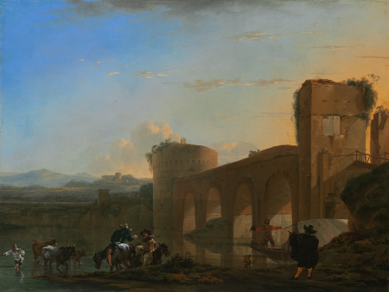 夕焼けのテベレ川とポンテ・モレ、1650年頃。 作： Jan Asselijin