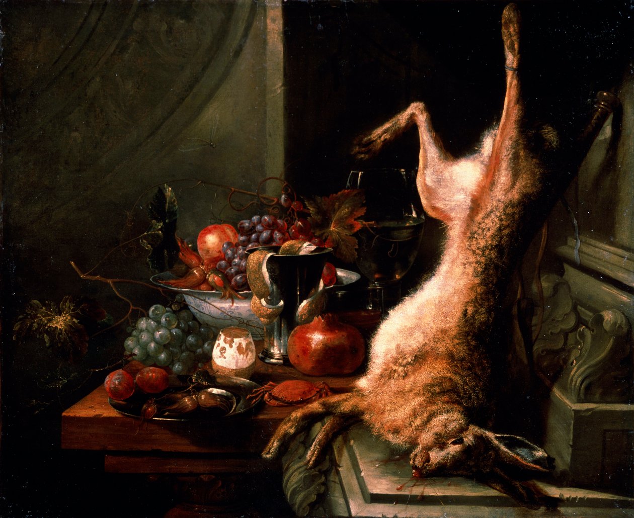 「うさぎのある静物」、1680 年代。 作： Jan Baptist van Moerkerke