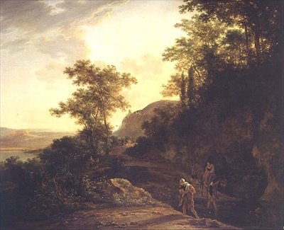 峠の小川を渡る旅人たちのいるイタリア風の森の風景 作： Jan両方