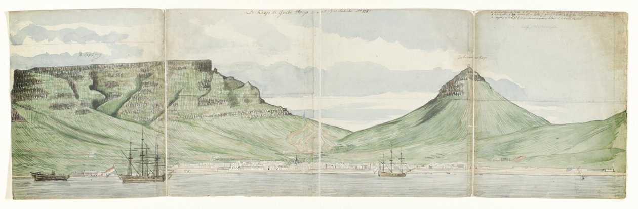 海から見たテーブルマウンテンとケープタウン 現れた喜望峰の青。 1787年（オブジェクトのタイトル） 作： ヤン・ブランデス