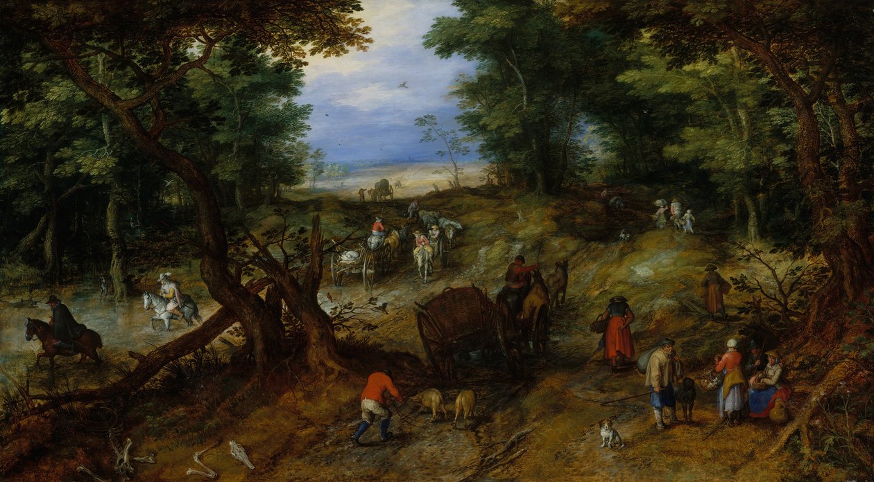 旅人のいる森の道、1607年。 作： ヤン・ブリューゲル長老