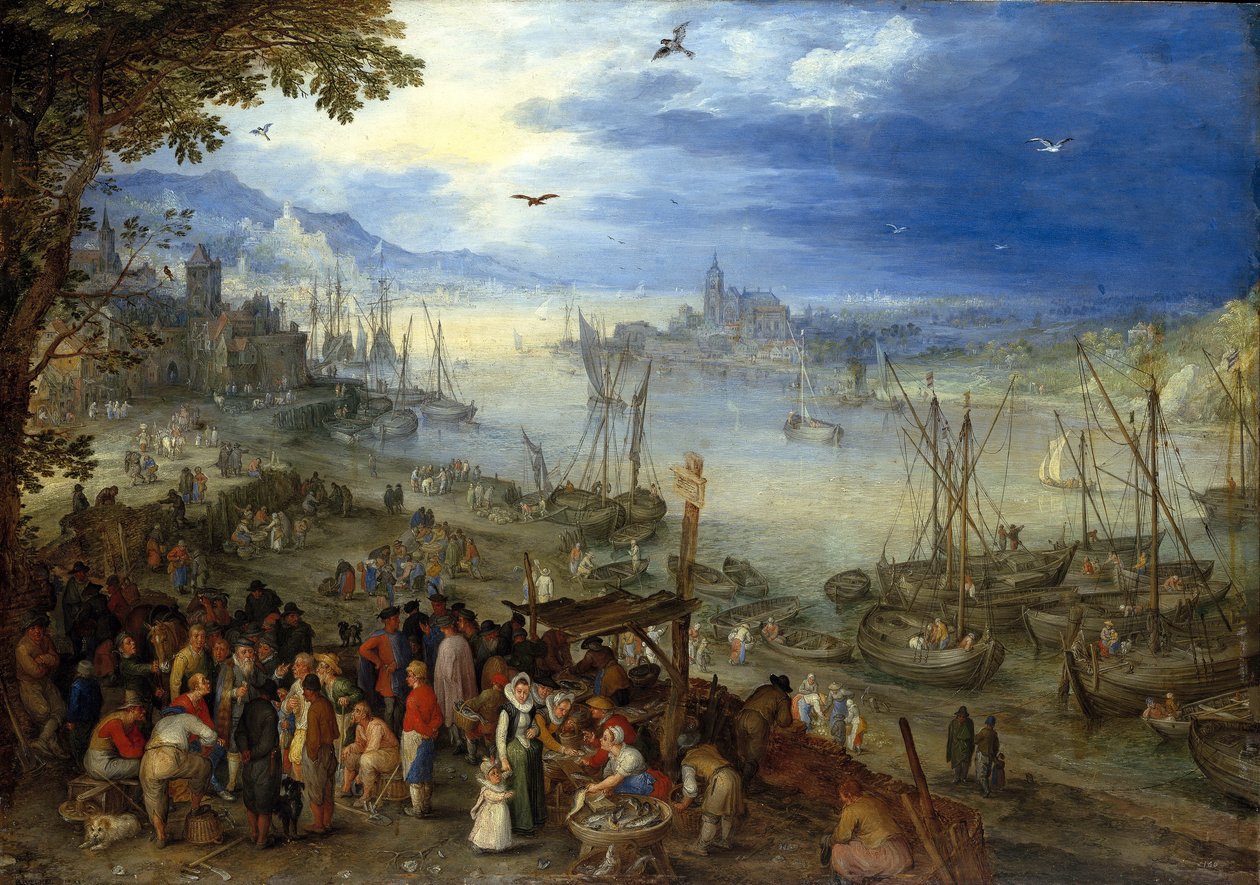 ドイツ語：Fischmarkt am Ufer eines Flusses 川岸の魚市場 作： ヤン・ブリューゲル長老