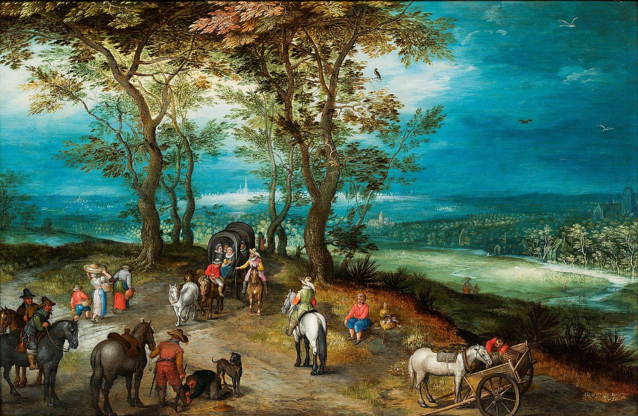 馬車のある広大な風景と道を行く旅人たち 作： Jan Brueghel the Younger