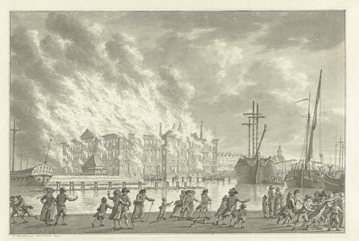 1791年、ゼーマガジンズランドの火事 作： Jan Bulthuis（アーティストによる署名）
