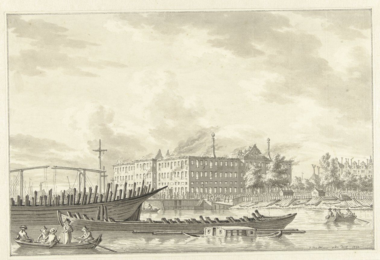 1791 年、火災後のゼーマガジンの土地 作： Jan Bulthuis（アーティストによる署名）