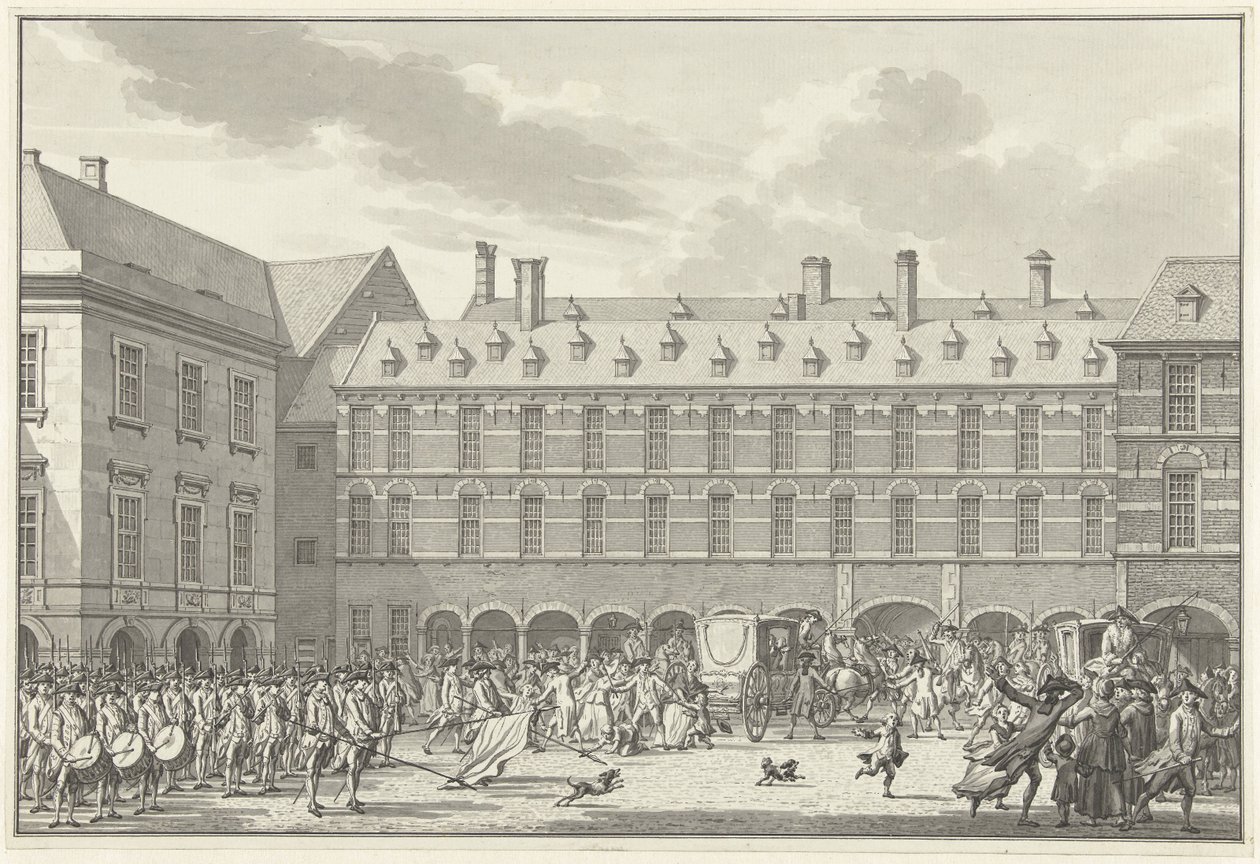 1786年、ビネンホフのシュタッドハウダースポールトを通り抜けるドルドレヒトの代議士たちの混乱 作： ヤン・ブルトゥイス