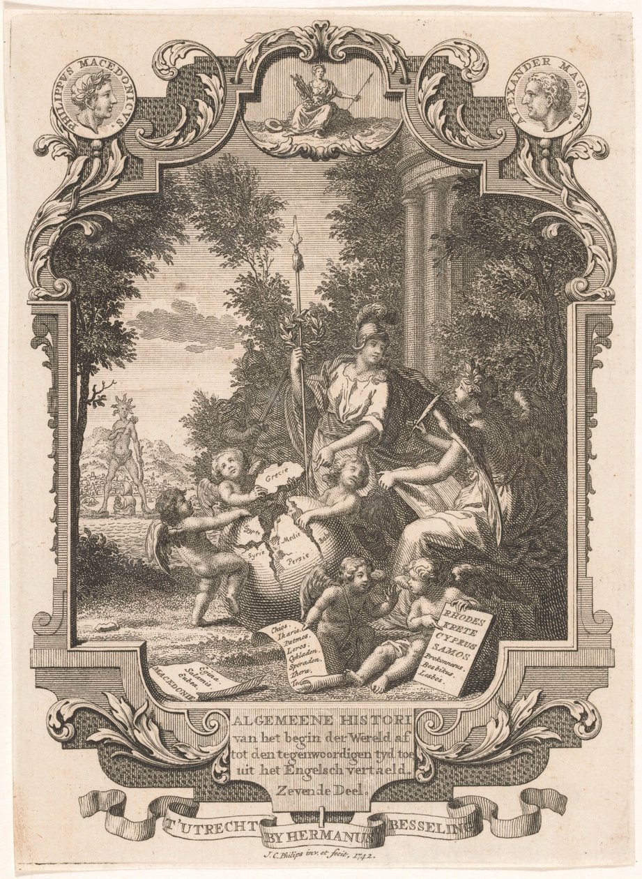 ギリシアの歴史に関する寓話のあるカルトゥーシュ タイトルページ: Kornelis Westerbaen、Algemeene histori、1742 作： Jan Caspar Phillips