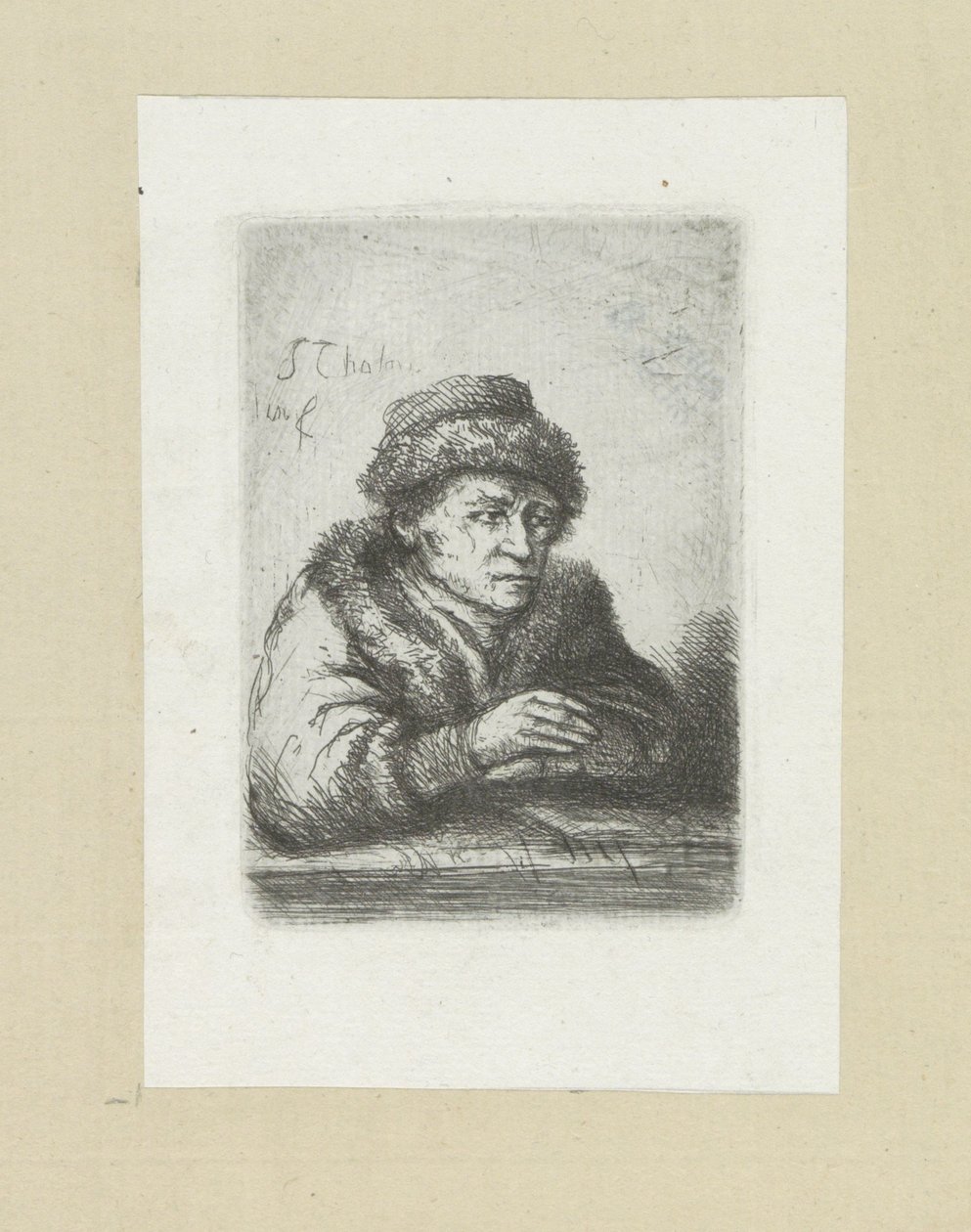 Volwassen man aan een tafel, in bontmantel The Compleat Work of Etchings by John Chalon / Oeuvre Complette des Eaux Fortes par Jean Chalon (シリーズ名) 作： ヤン・シャロン