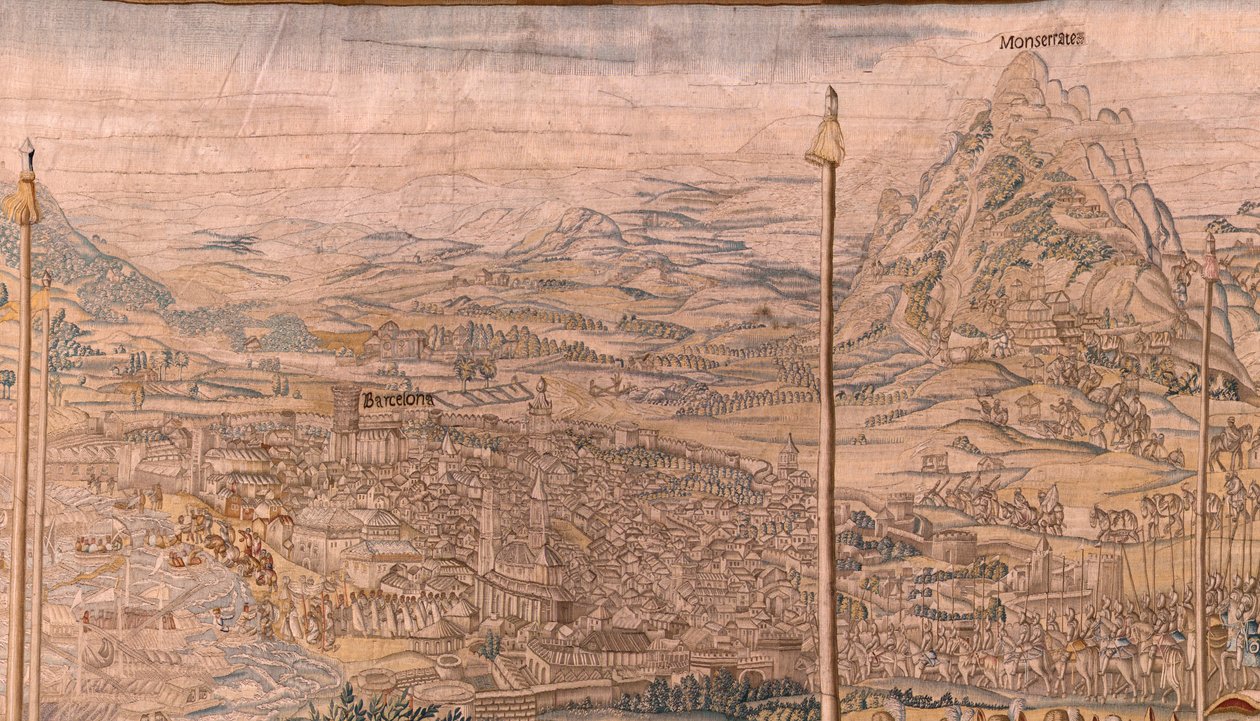 フランダースのタペストリー。 シリーズ チュニスの征服; バルセロナの軍隊のレビュー (La revista de las tropas en Barcelona)。 シリーズ第2弾のタペストリー。 モデルのヤン・フェルメイエンとピーター・コッケ・ファン・アールスト。 1543-1548。 マニュファクチュール リアル ファブリカ デ タピセス デ サント 作： ヤン・コルネリス・ヴェルメイエン