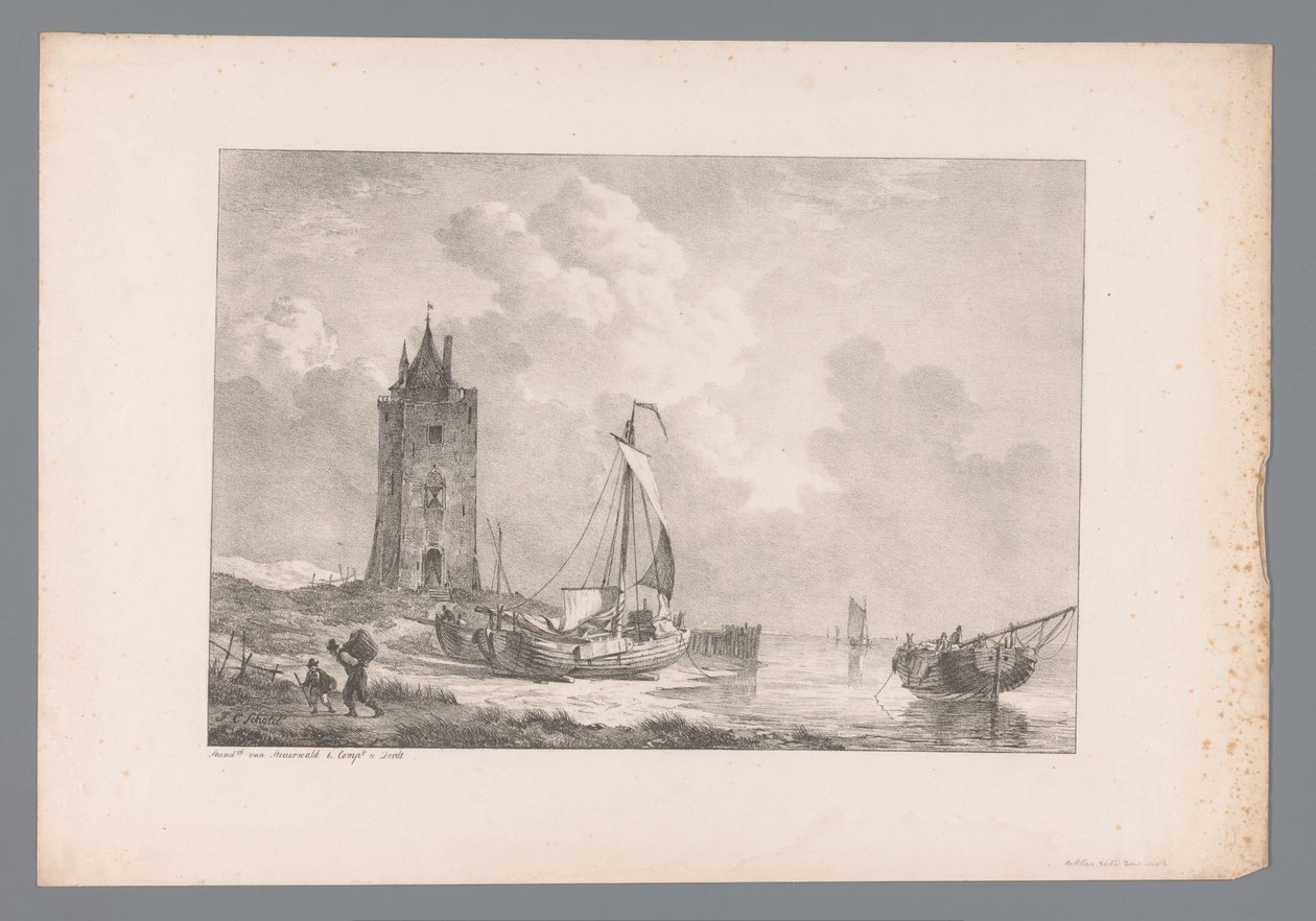 タワーのある海岸の風景 Wijlen den Wel-Ed のコレクションからのオランダの巨匠による絵画。 生まれ J.A. ヴァン・ダム（シリーズタイトル） 作： Jan Dam Steuerwald（おそらく）