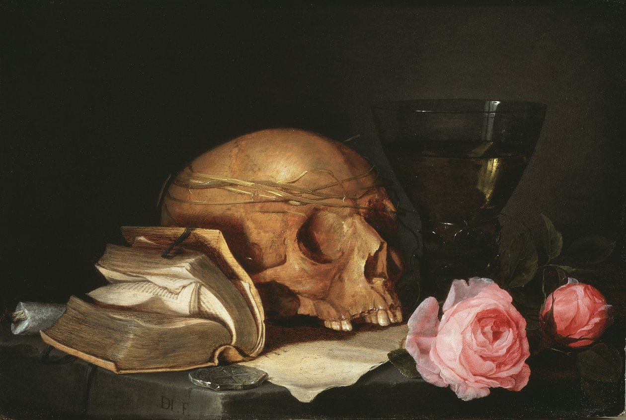 頭蓋骨、本とバラのあるヴァニタス静物、c.1630 作： ヤン・ダビッツ・デ・ヘム