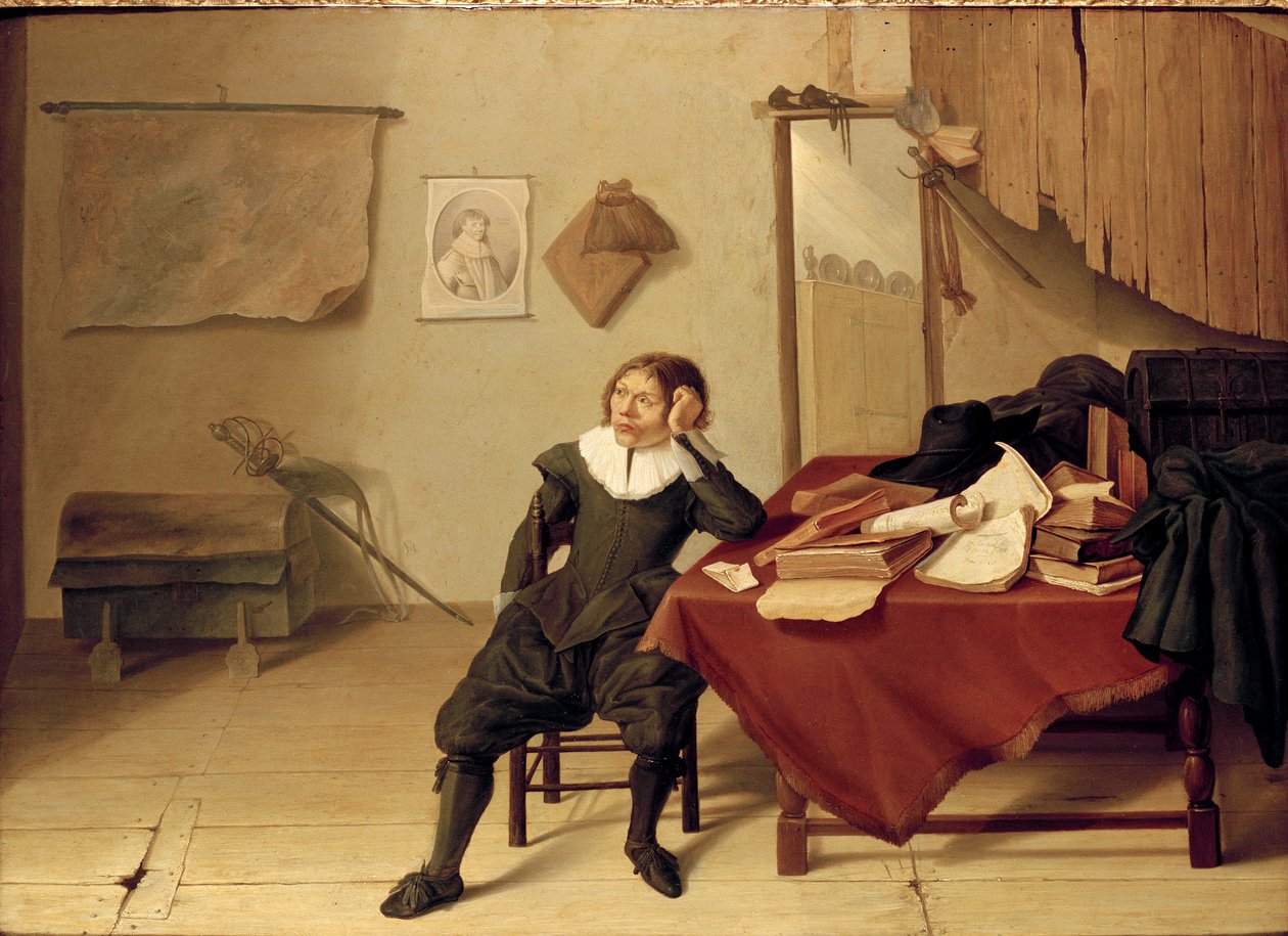 テーブルに座っている若い男がいる部屋のインテリア、1628年 作： ヤン・ダビッツ・デ・ヘム