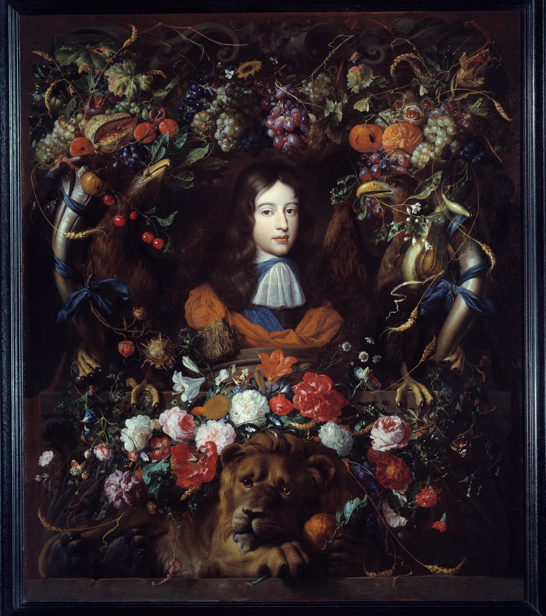 花のメダイヨンの中のオレンジ公国ウィリアム3世（1650-1702）の肖像 ヤン・ダヴィッド・ヘム（1606-1684）による絵画 1665年 日。1,34x1,14 m リヨン、ミュゼ・デ・ボザール 作： ヤン・ダビッツ・デ・ヘム
