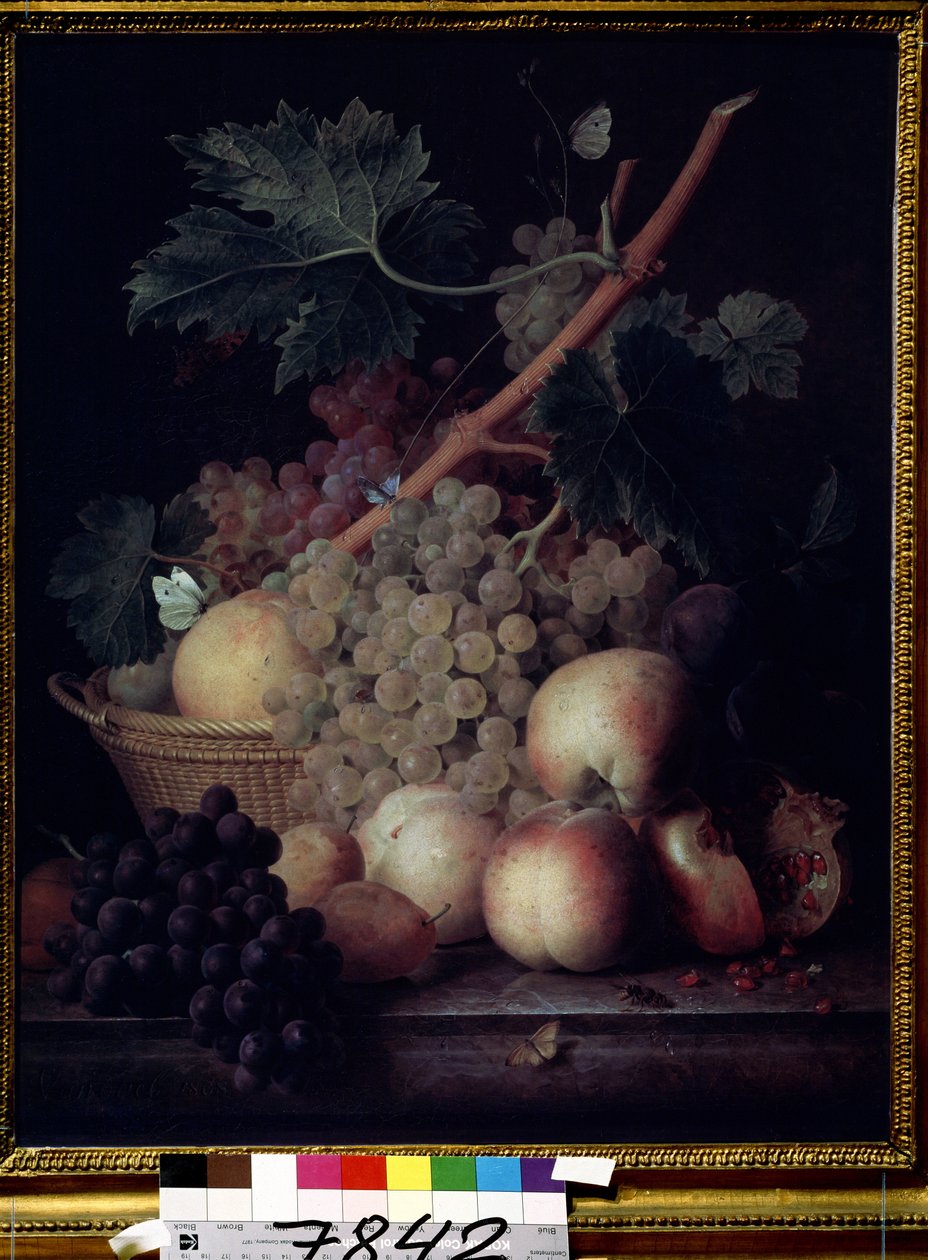""果物"" 桃、ブドウ、ナシ、ザクロの静物と蝶とハチ。 Jean Francois van Dael (1764-1840) の絵画 1808年 プーシキン美術館、モスクワ 作： Jan Frans van Dael