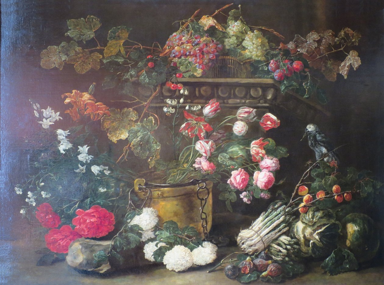 花と果物とオウムの静物画 作： ヤン・ファイト
