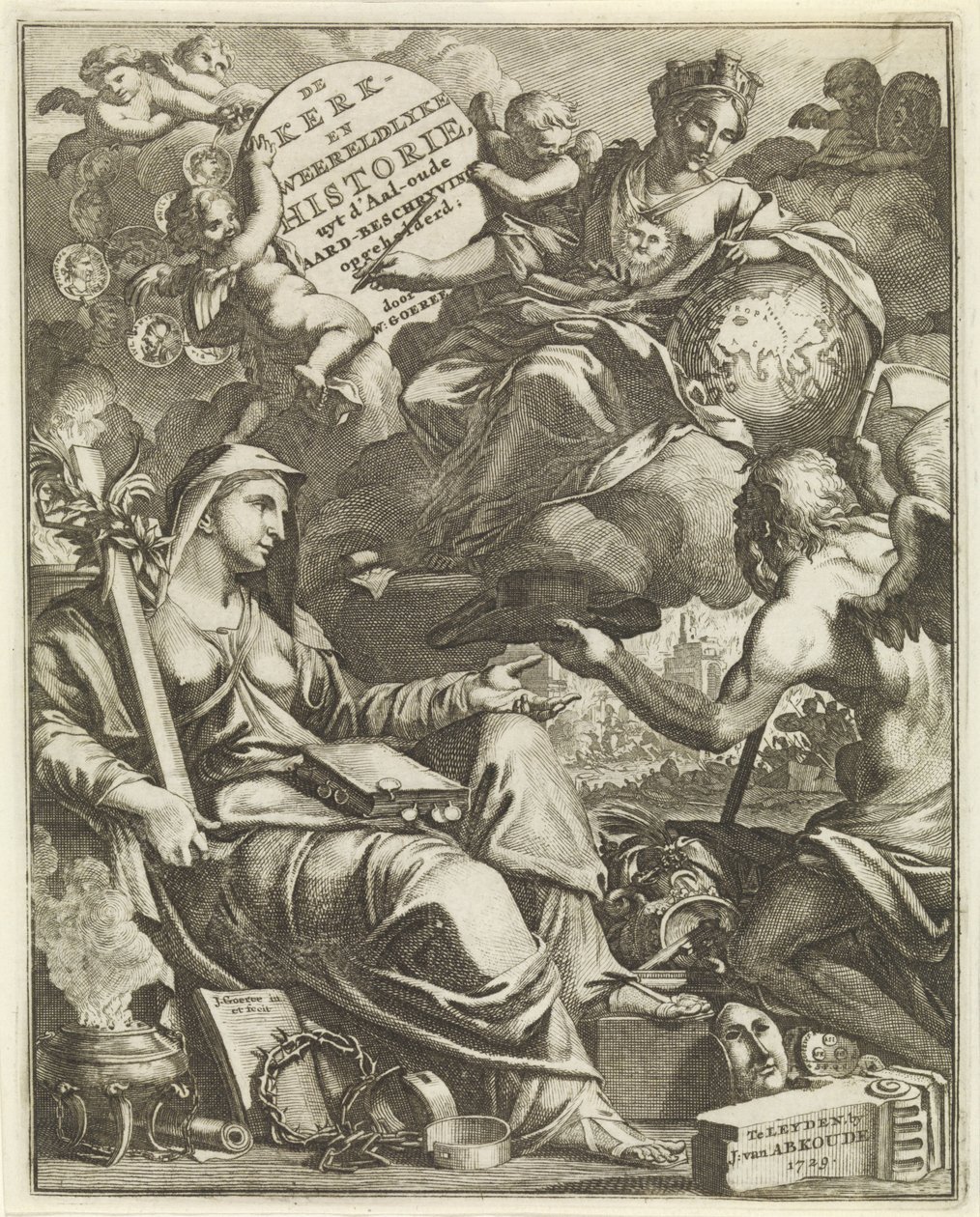 教会と世界史の比喩 Willem Goeree のタイトル ページ、De kerklyke en Weereldlyke historien。 1729年 ウイット・ダールの教会と世界史 - 古代地球の説明 (オブジェクトのタイトル) 作： Jan Goeree
