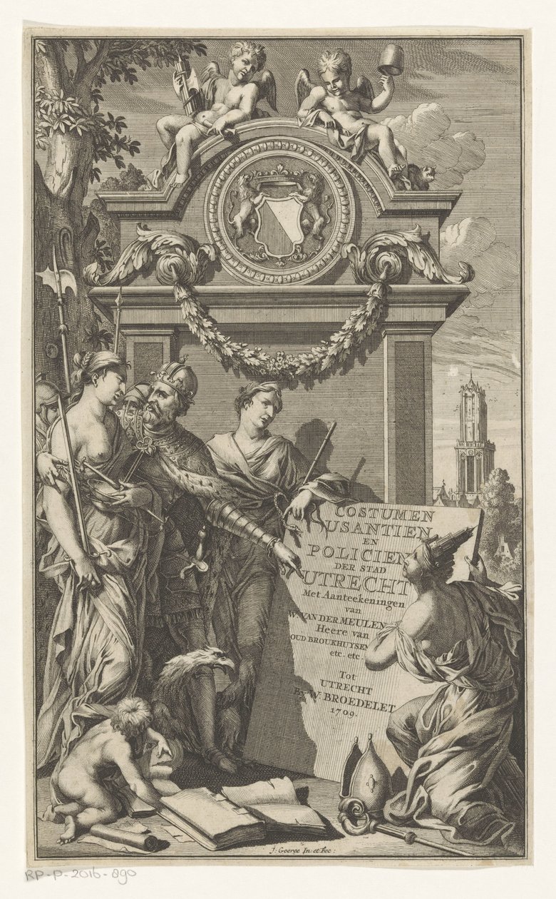 正義はユトレヒトの法律を教える Costumen Usantien en Policien der stad Utrecht (オブジェクトのタイトル) Willem Van der Meulen のタイトル ページ、コスチューム、usantien、policien ende スタイルの訴訟、der stadt ユトレヒト、1709 年 作： Jan Goeree