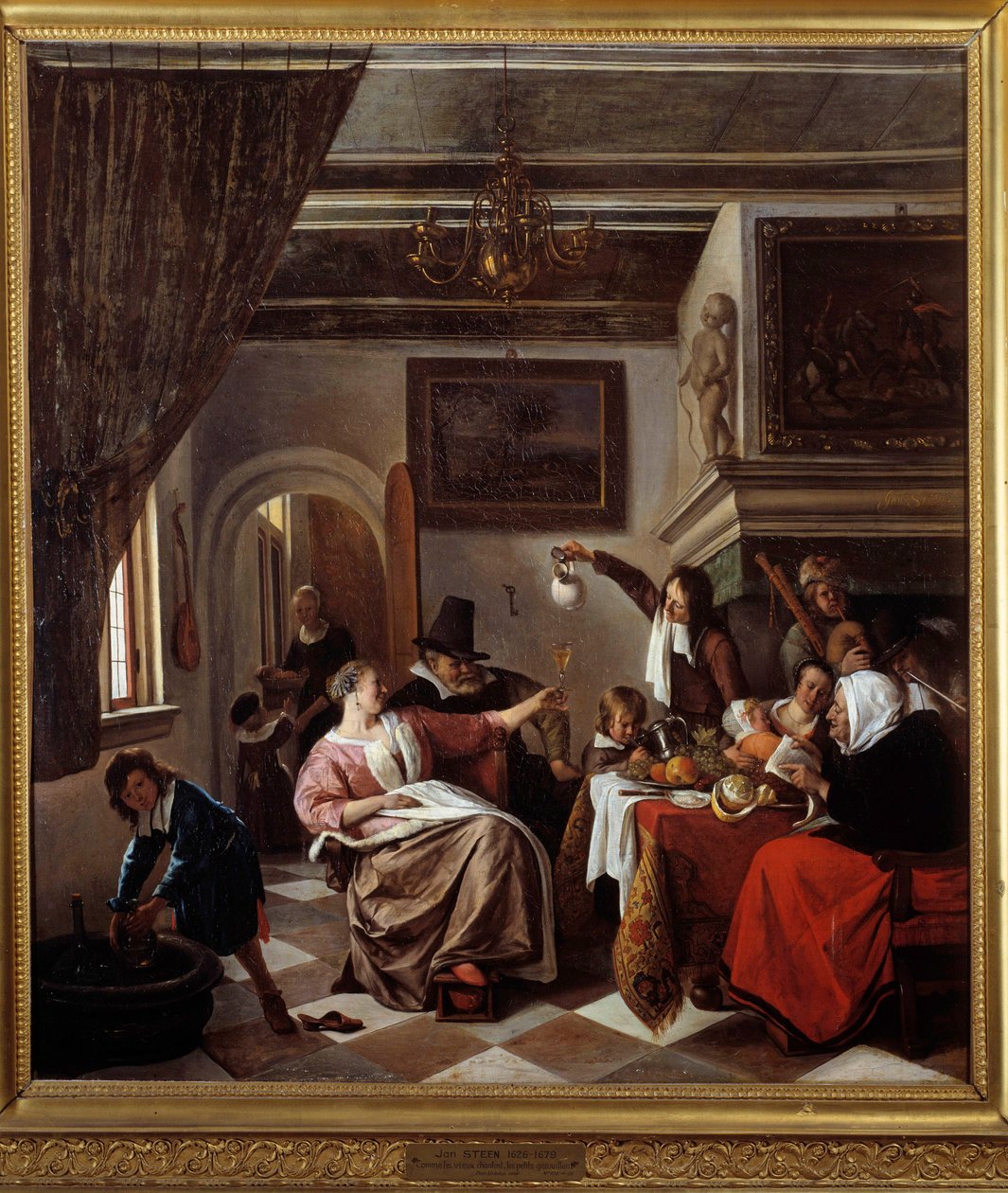 お年寄りが歌うように、小さな子供たちがつぶやく ヤン・ステーン（1626-1679）による絵画 1663年 日。0,94x0,81 m モンペリエ、ファーブル美術館 作： ヤン・ハビックス。スティーン