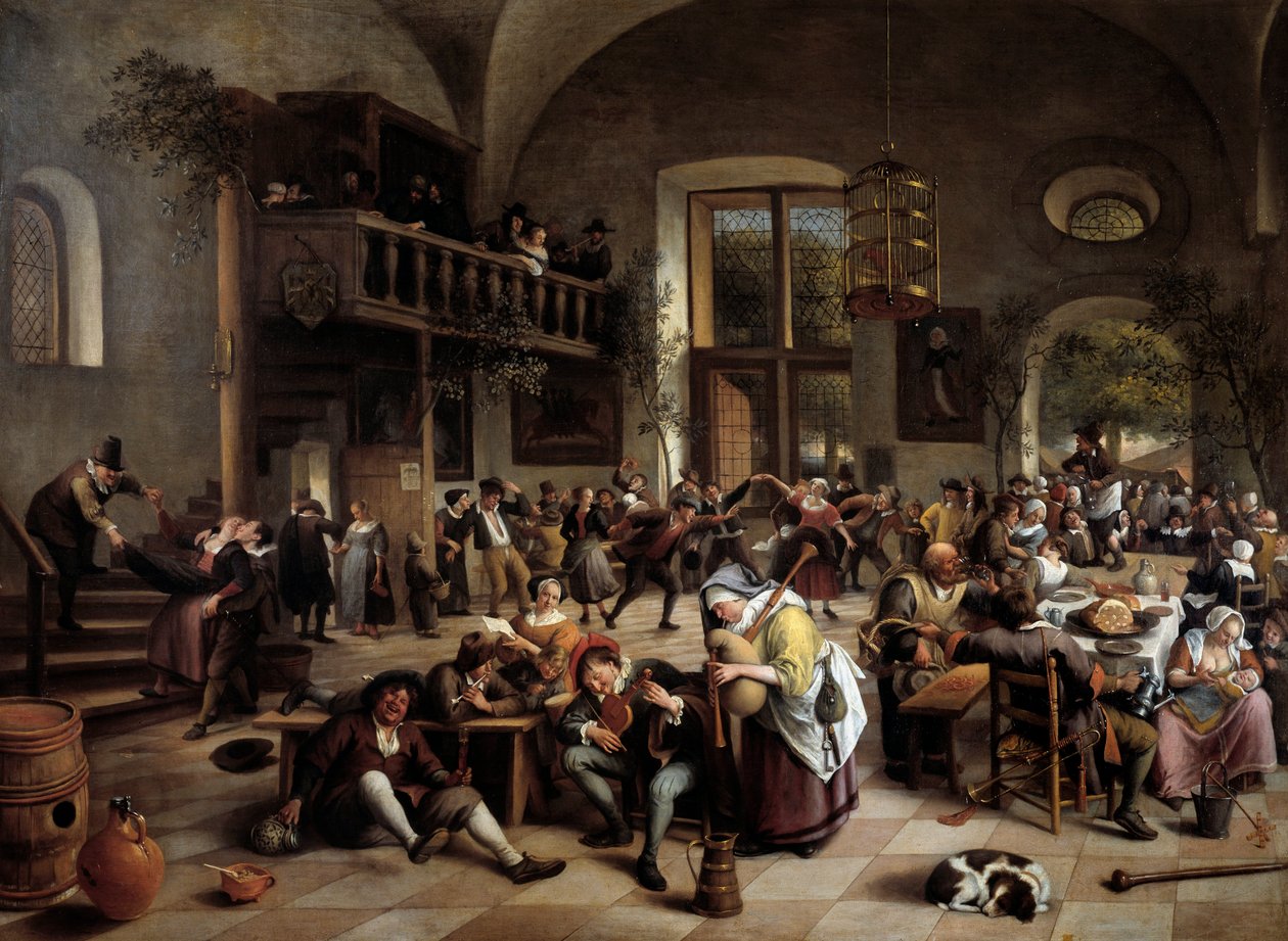 宿屋でのパーティー ミュージシャン、演奏者、酒飲みの男女 - Jan Havicksz (Havickszoon) Steen (1626-1679) の絵画 作： ヤン・ハビックス。スティーン