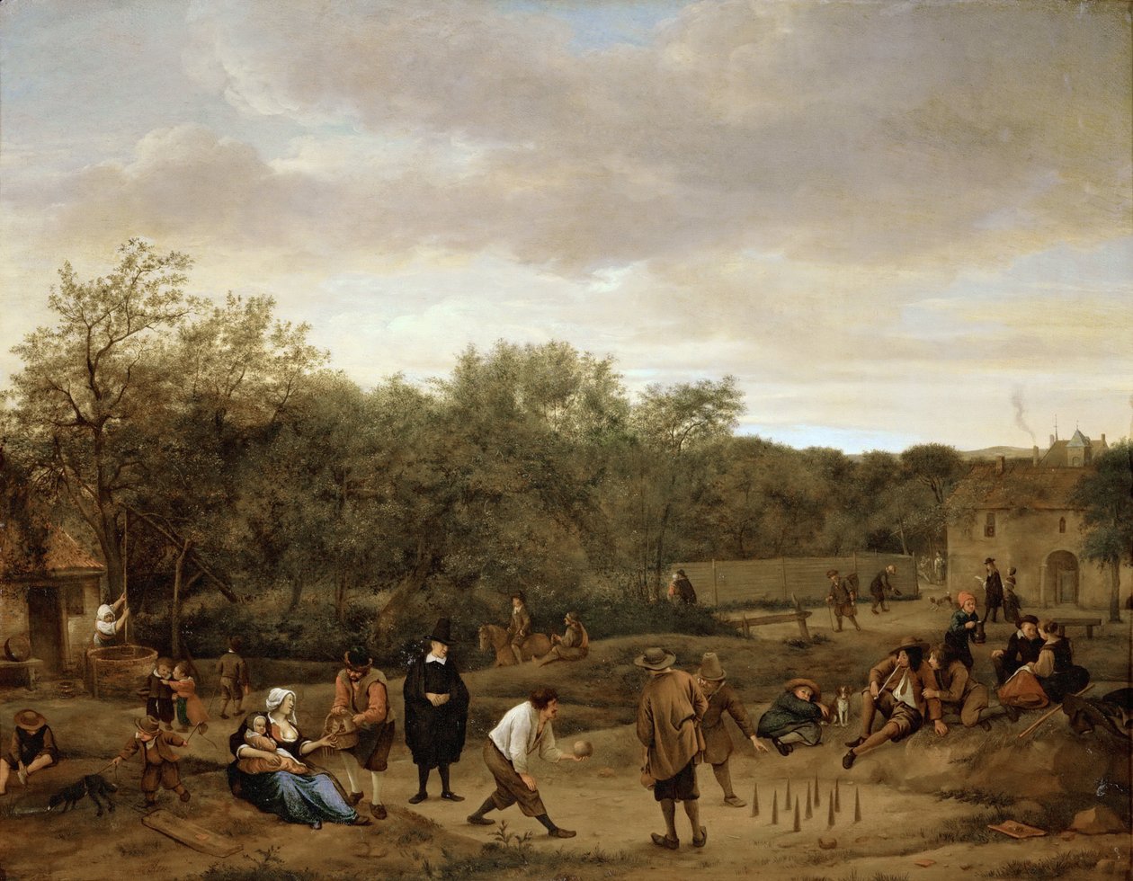 Paysans jouant aux quilles - ボーリングに興じる農民たち、ステーン、ヤン・ハヴィクシュ（1626-1679）作。木に油彩、1655年頃。寸法：67x85.5 cm。美術史博物館、ヴィエンヌ 作： ヤン・ハビックス。スティーン