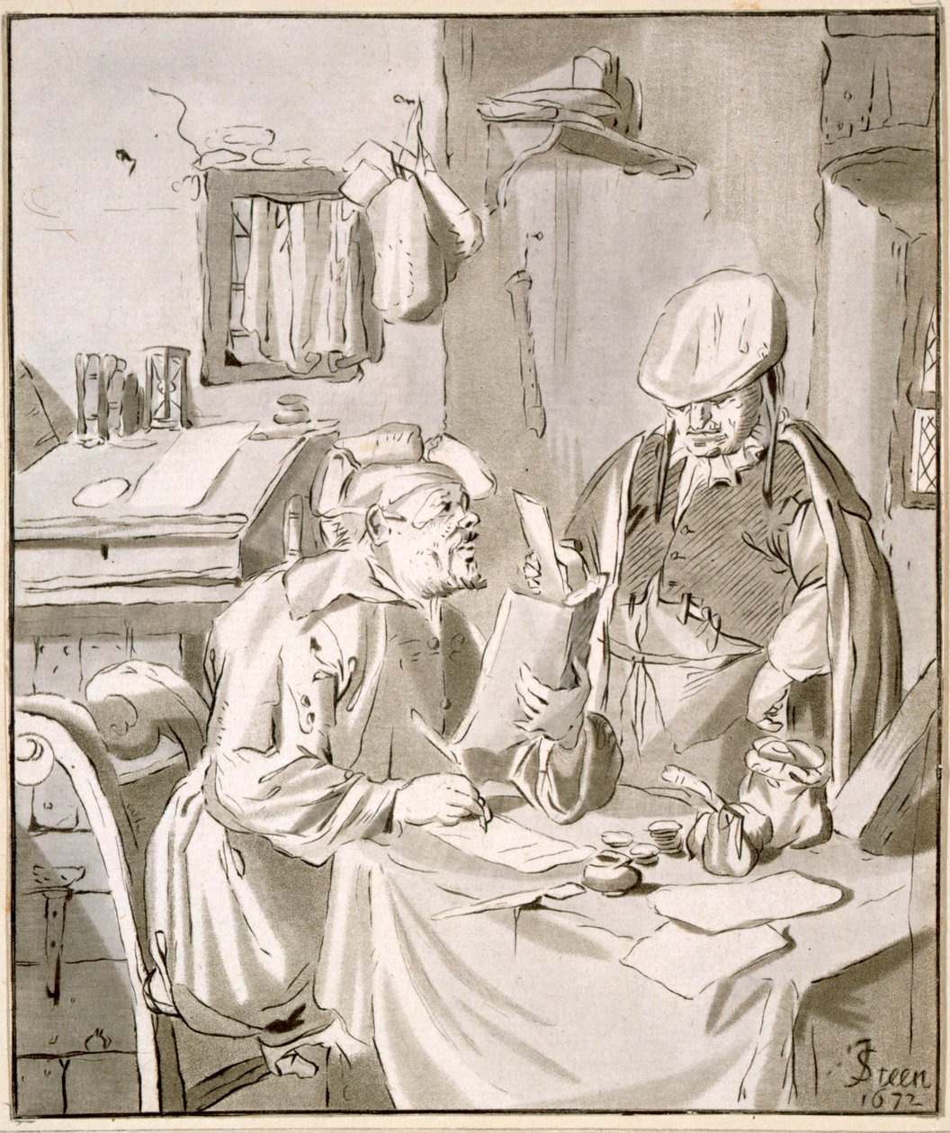 オフィスでお金について話し合う2人の男性、1672年、Cornelis Ploos van Amstel（1726-98）またはChristian Josi（c.1765-1828）によってコピー 作： ヤン・ハビックゾーン・スティーン