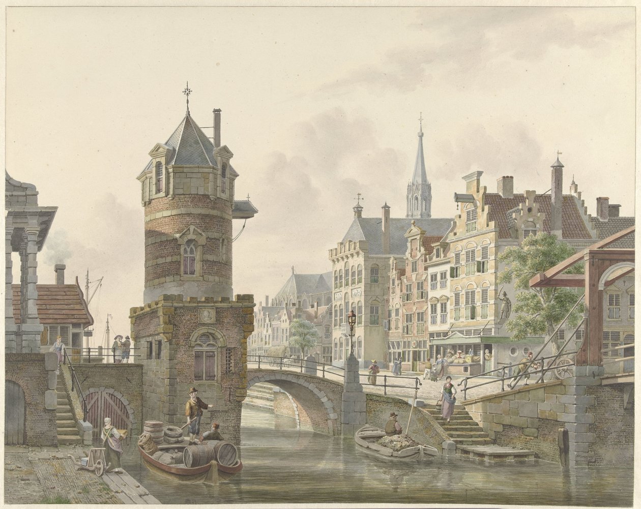 石橋近くの櫓のある街の堀 作： Jan Hendrik Verheijen