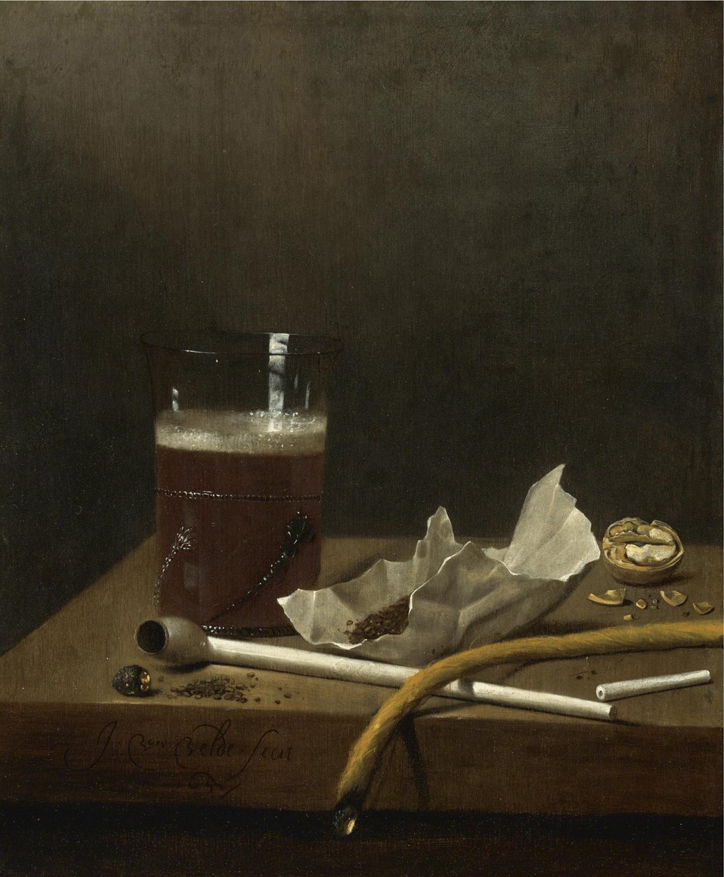 1杯のビール、パイプ、タバコ、その他の喫煙に必要なもののある静物、1658年 作： ヤン・III・ファン・デ・ヴェルデ