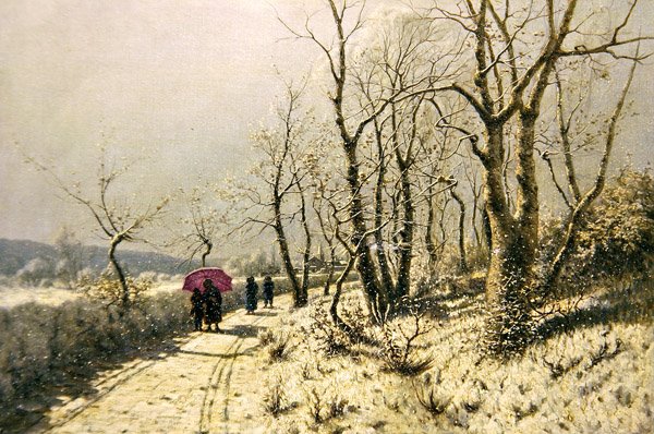 雪の降る冬の日、道にいる人たち（油彩・キャンバス） 作： ヤン・ジェイコブ・ロデウィックのテン・ケイト