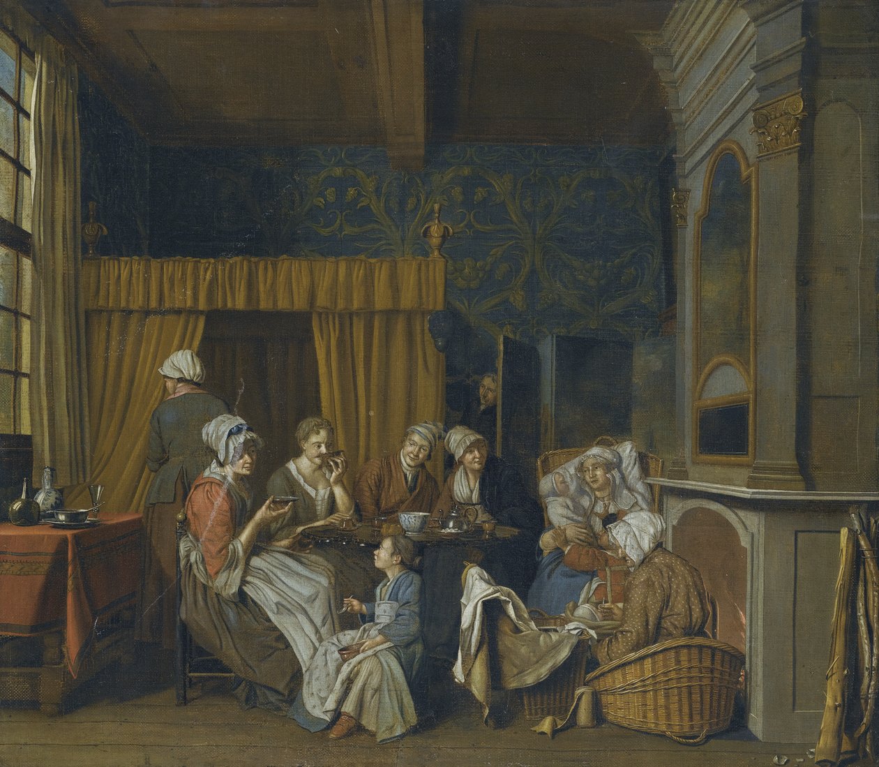 双子の誕生を祝いながらお茶を飲む家族 作： Jan Josef Horemans the Younger