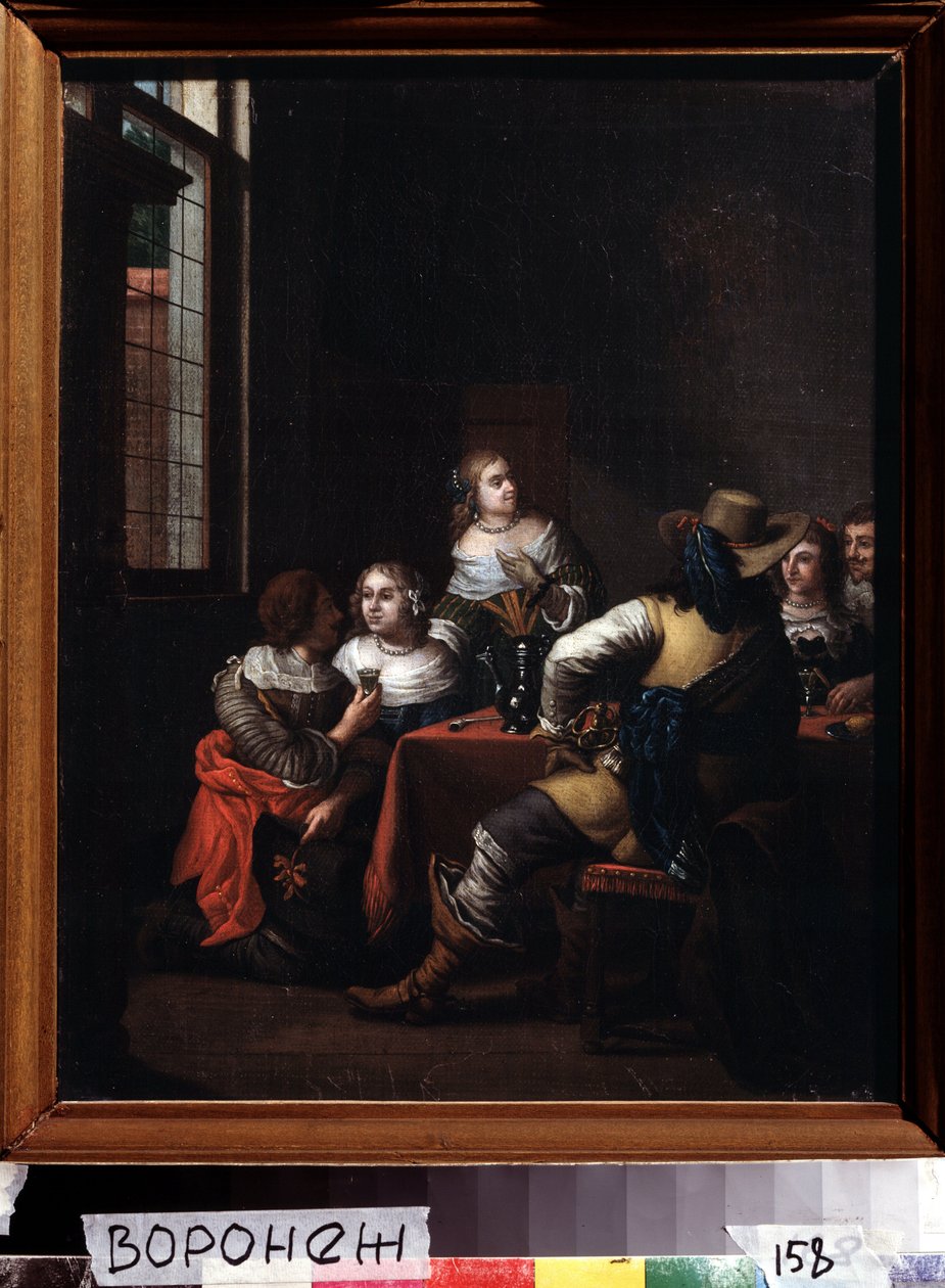 「Les festivites」（メリーミーティング）ライダーと女性のグループがテーブルの周りに楽しく集まりました。 Jan Joseph Horemans the Elder (1682-1759) による絵画 18 世紀 Ivan Kramskoy (または Kramskoi) ロシアのヴォロネジ (ヴォロネジ) にある美術館。 作： ヤン・ジョセフ・ザ・エルダー・ホアマンズ
