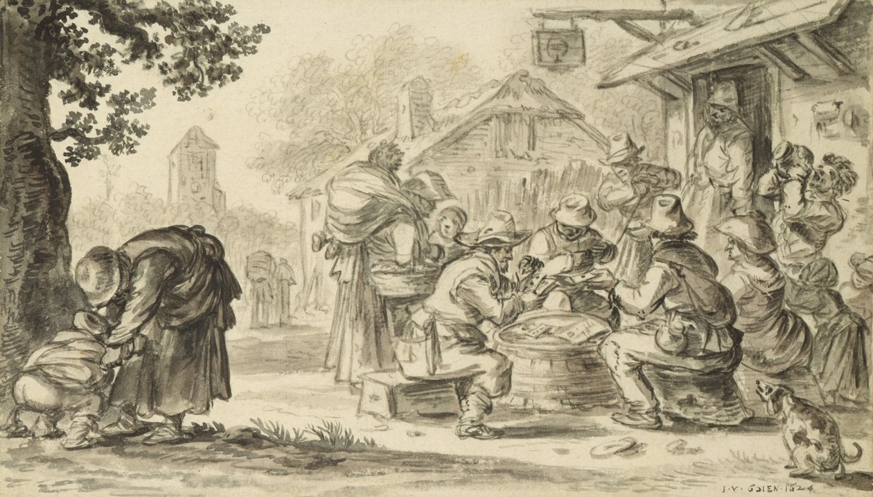 1624年の旅館の前での農民カードゲーム（紙に鉛筆、ペン、インク、ブラシ） 作： ヤン・ジョセフス・ヴァン・ゴイエン