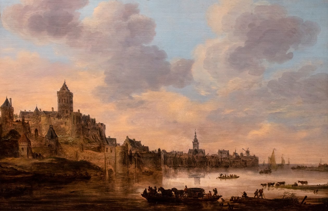 4頭立ての馬車を備えた大型フェリー（ニメグー） 作： ヤン・ジョセフス・ヴァン・ゴイエン